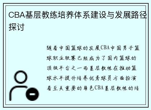 CBA基层教练培养体系建设与发展路径探讨