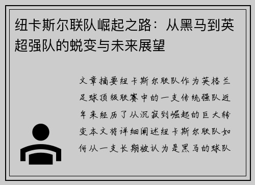 纽卡斯尔联队崛起之路：从黑马到英超强队的蜕变与未来展望