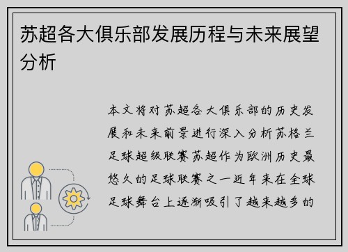 苏超各大俱乐部发展历程与未来展望分析