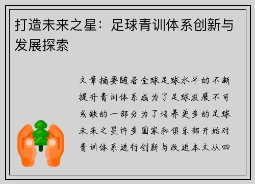打造未来之星：足球青训体系创新与发展探索