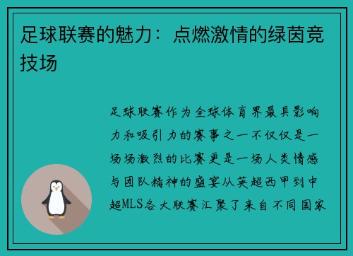 足球联赛的魅力：点燃激情的绿茵竞技场