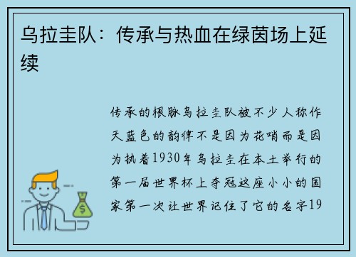 乌拉圭队：传承与热血在绿茵场上延续