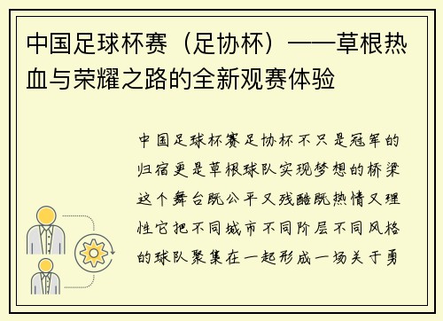 中国足球杯赛（足协杯）——草根热血与荣耀之路的全新观赛体验