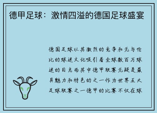 德甲足球：激情四溢的德国足球盛宴